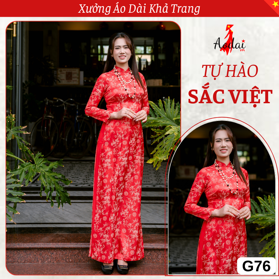 G76 Áo Dài Gấm Trúc Đỏ Cổ Cao tay dài