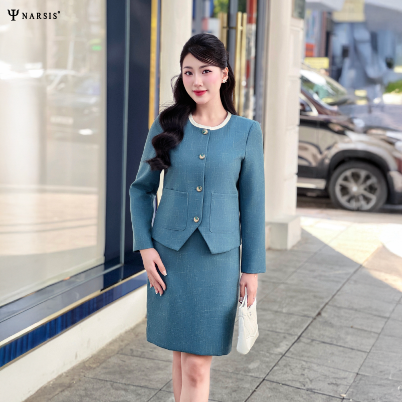 Áo dạ tweed cao cấp Narsis L24024 màu xanh kim tuyến vàng, thiết kế tay dài, đệm vai nhẹ._thumbnail_0