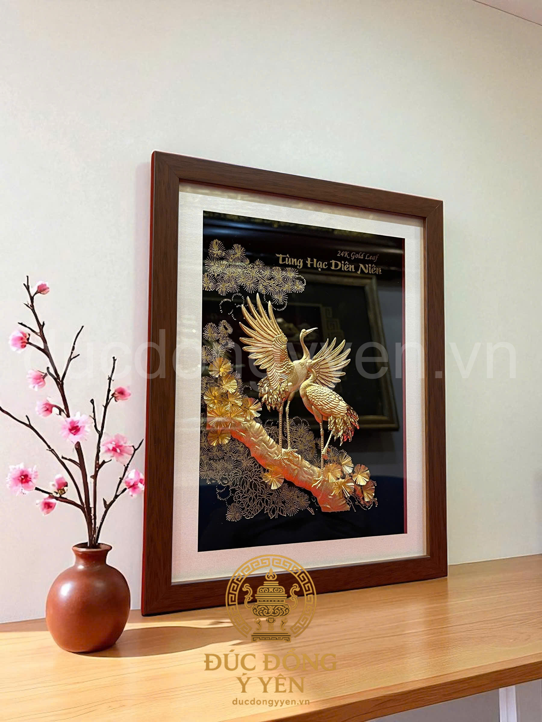 Tranh tùng hạc diên niên mạ vàng 24k kích thước 34CM X 27CM_thumbnail_1