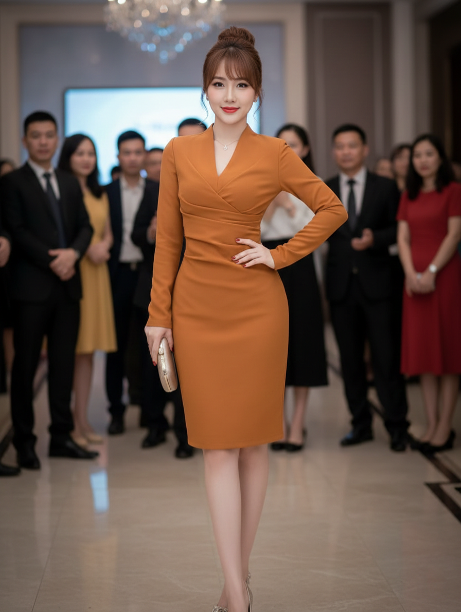 Đầm body xếp ly cổ V tay dài_thumbnail_5