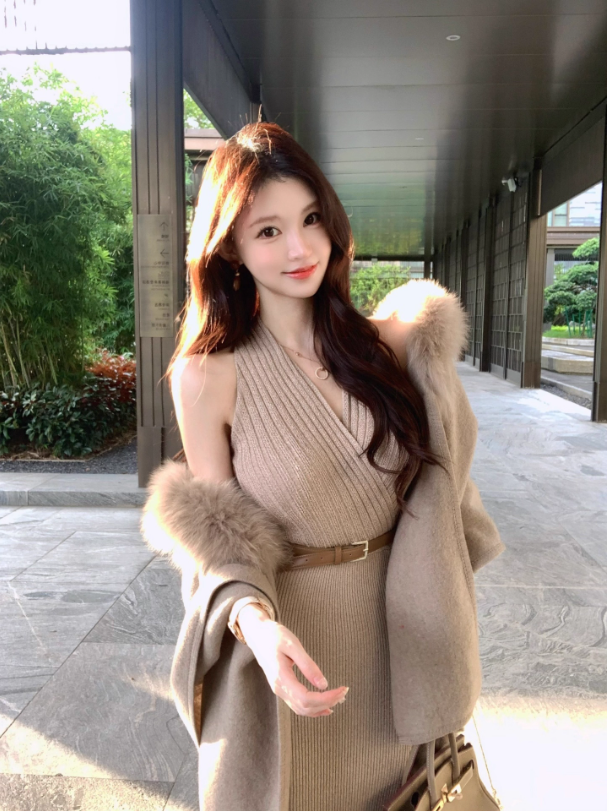 Áo Choàng & Đầm Len Dệt Kim Màu Kaki Phong Cách Pháp_thumbnail_7