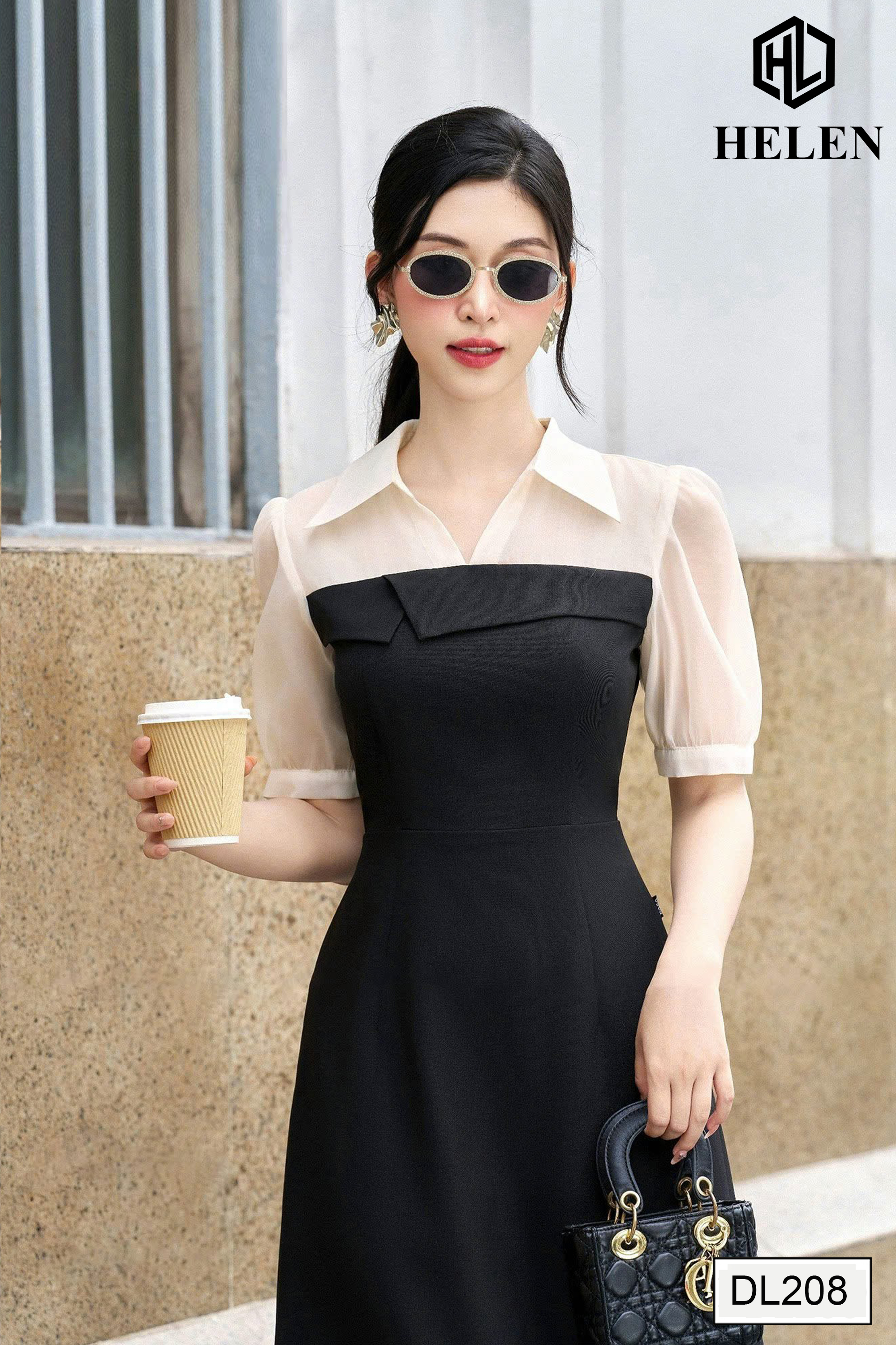 Đầm xòe màu đen phối kem cổ đức DL208