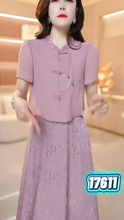 17611-Đầm xòe lụa gấm kiểu giả rời phối voan (lụa gấm, voan)