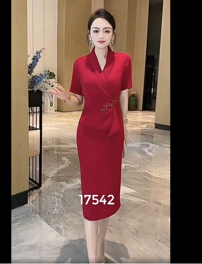 17542-Đầm công sở đỏ phối phụ kiện hoa eo sang trọng (thun poly)_thumbnail_0