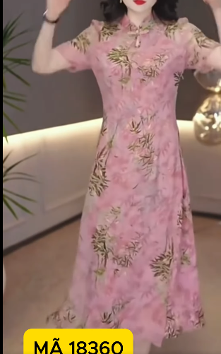 18360-Đầm suông a voan cổ tàu in lá tre (voan,lót)