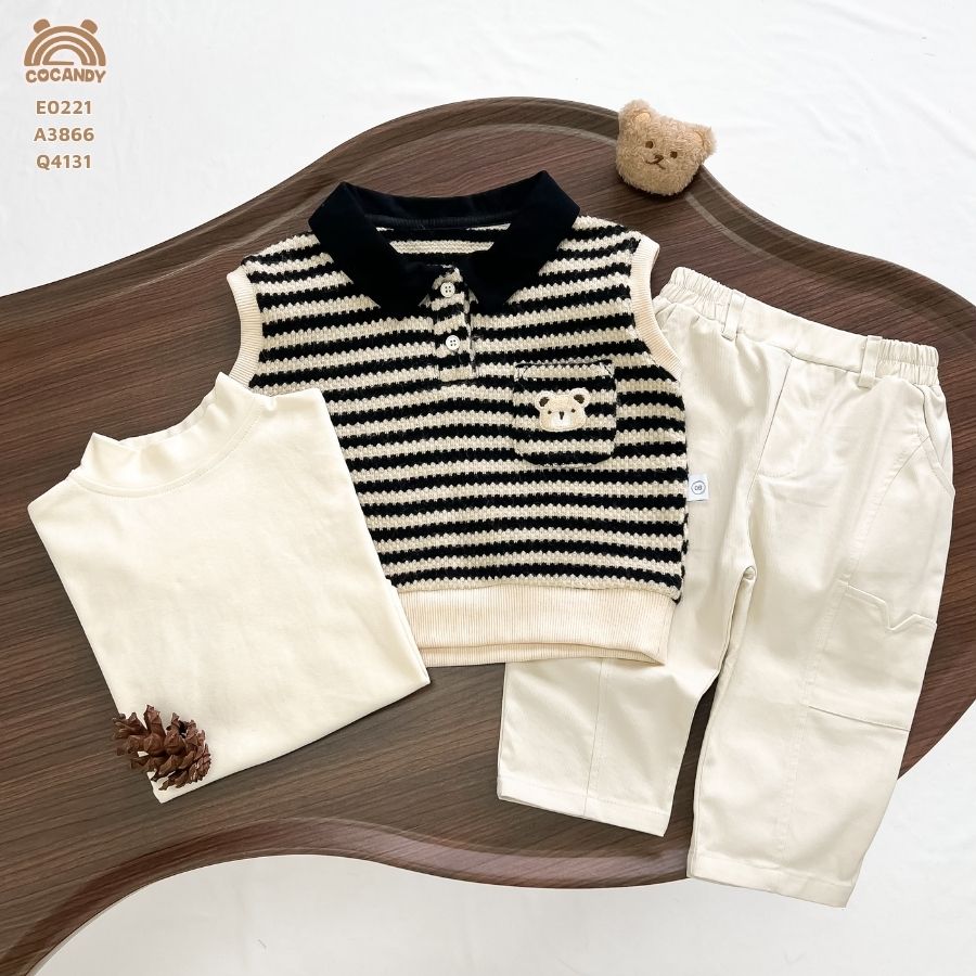 Áo len ghile ĐEN phối BE cổ bẻ túi gấu_thumbnail_1