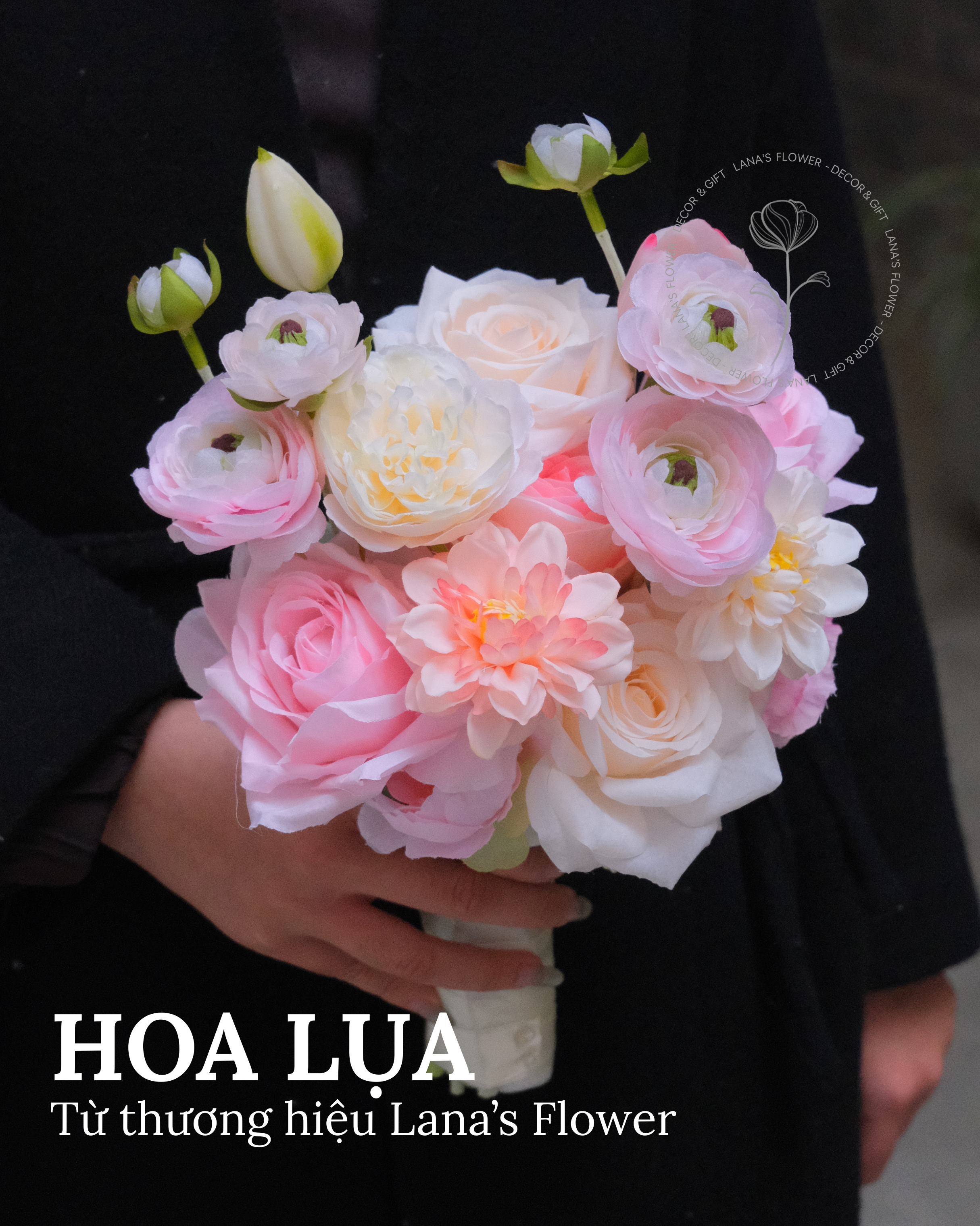 Bó hoa cưới hoa lụa Mao lương mix - Dáng vát 1 mặt - Tone Hồng