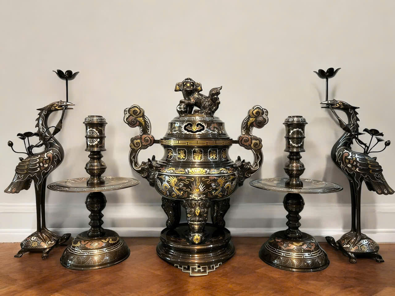 Bộ ngũ sự đúc đồng đỏ khảm ngũ sắc cao cấp cao 60cm