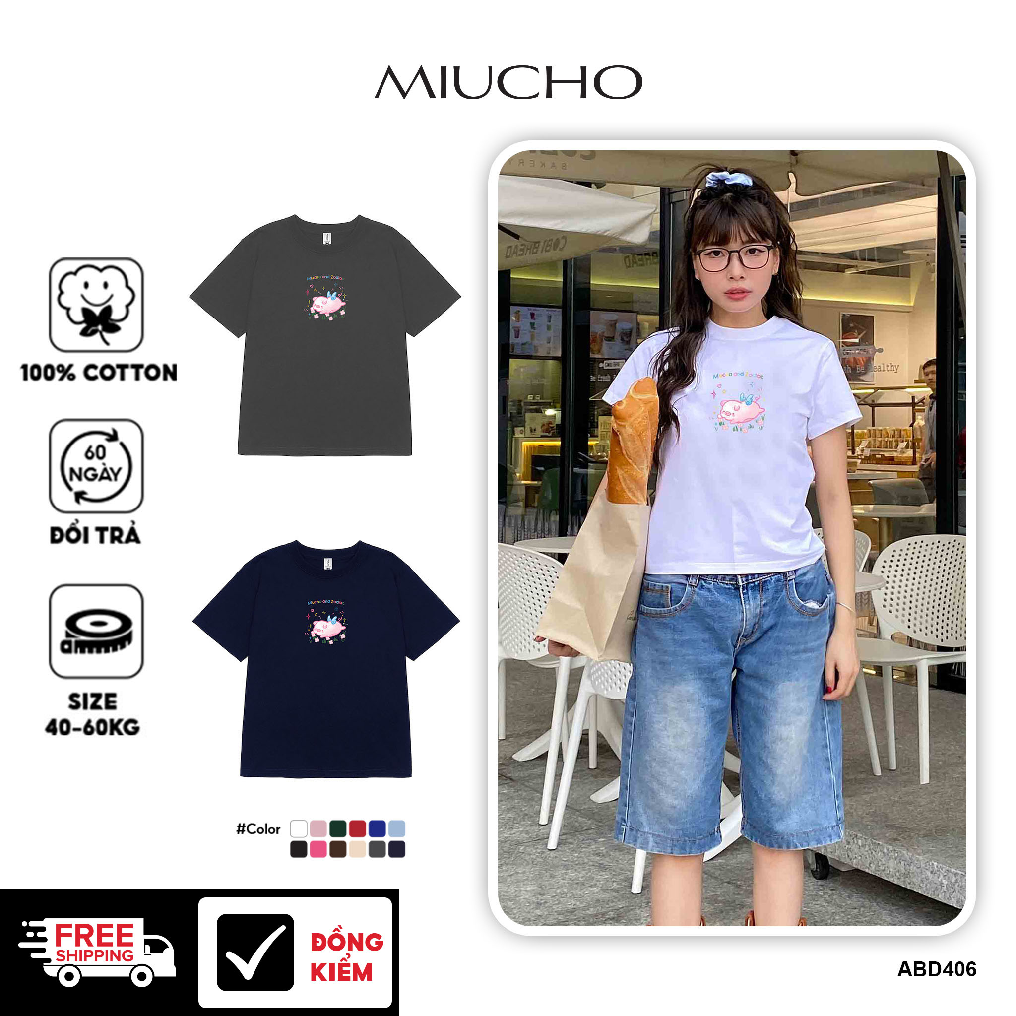 Áo baby tee 12 con giáp tuổi Hợi ( tuổi heo) ABD406 Miucho cotton cổ tròn in graphic