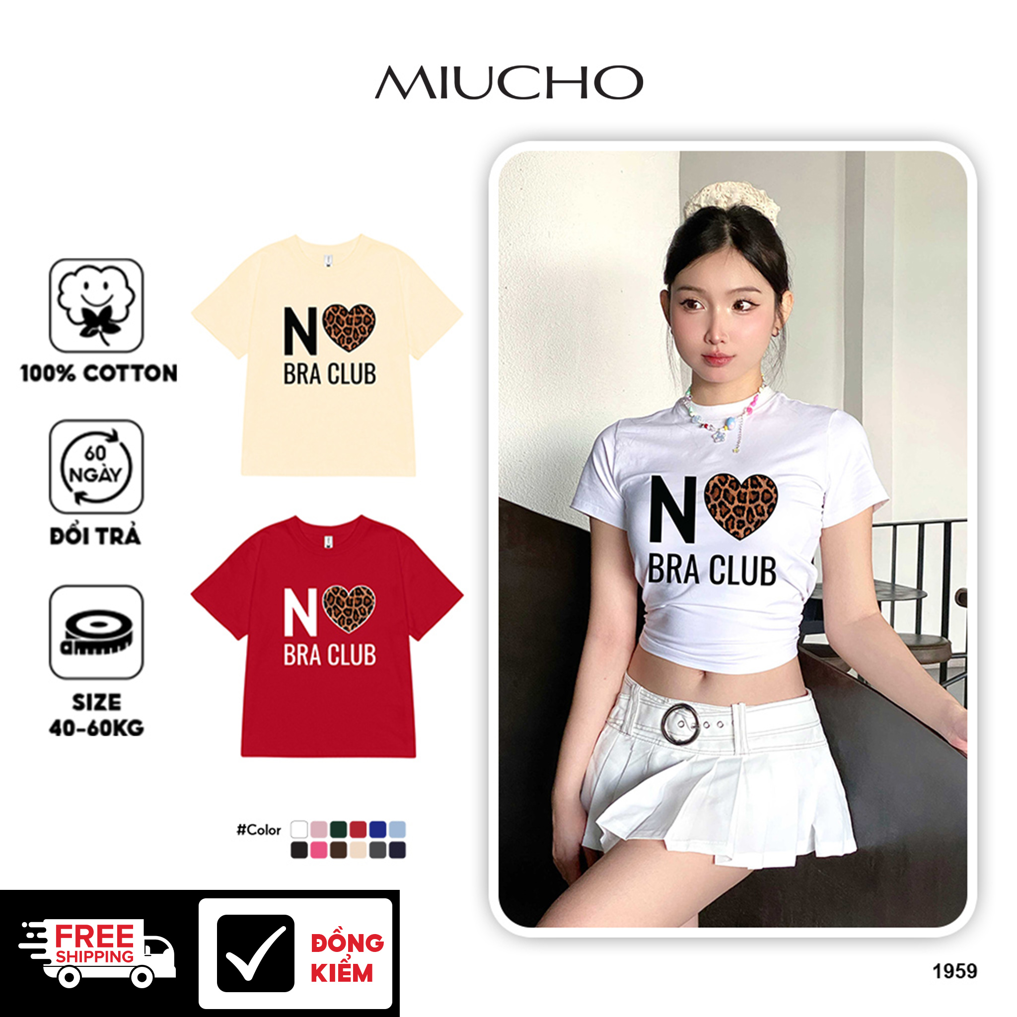 Áo baby tee ôm 1959 Miucho hot trend vải cotton 4c cổ tròn thoáng mát in mix
