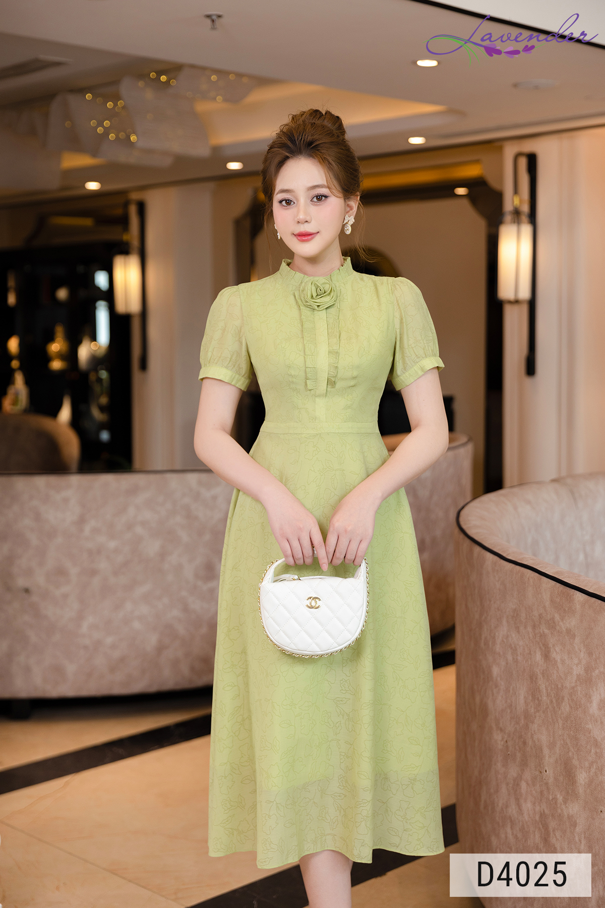 Đầm xòe vân hoa xanh cốm tay ngắn D4025_thumbnail_4