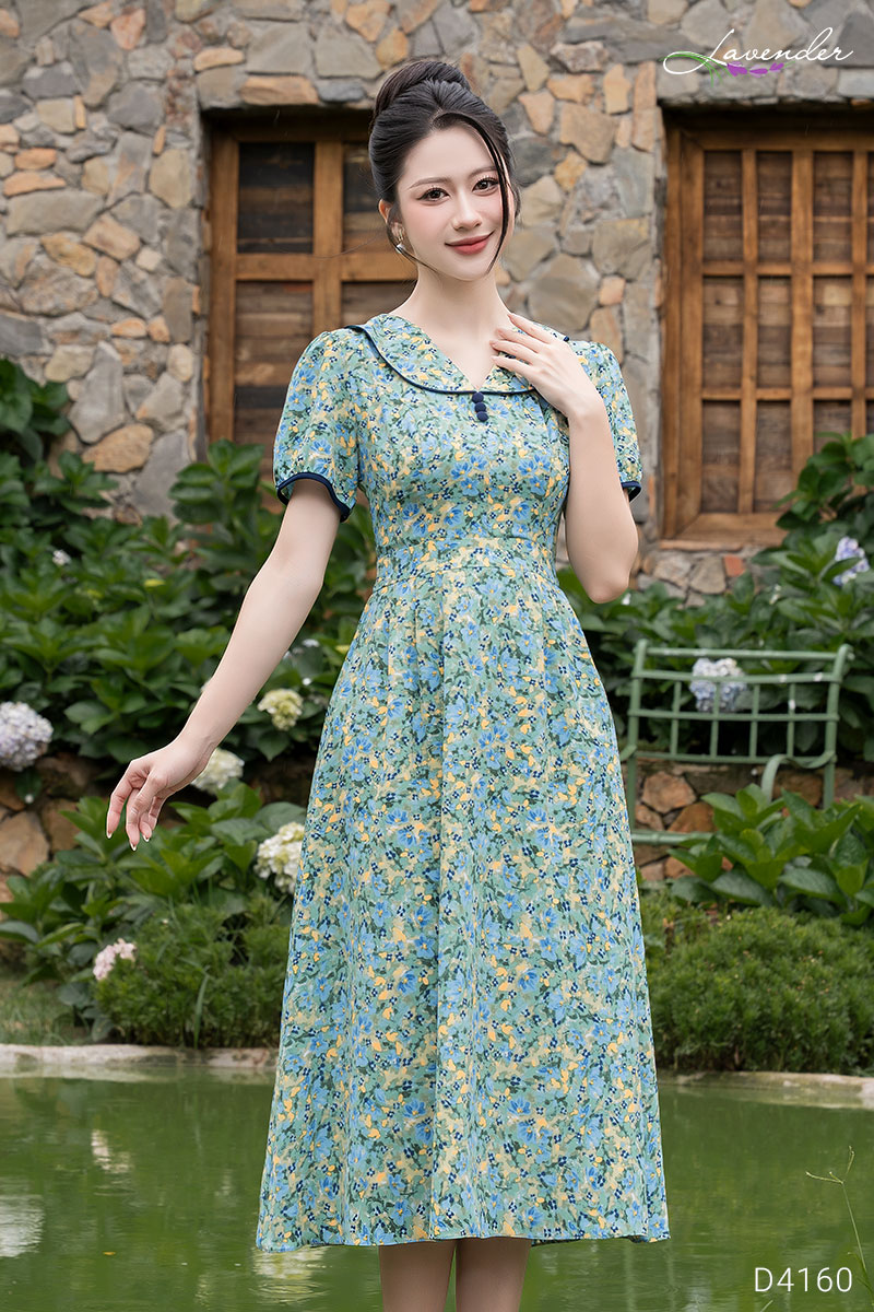 Đầm hoa xanh cổ bèo dáng xèo lụa mịn D4160_thumbnail_1