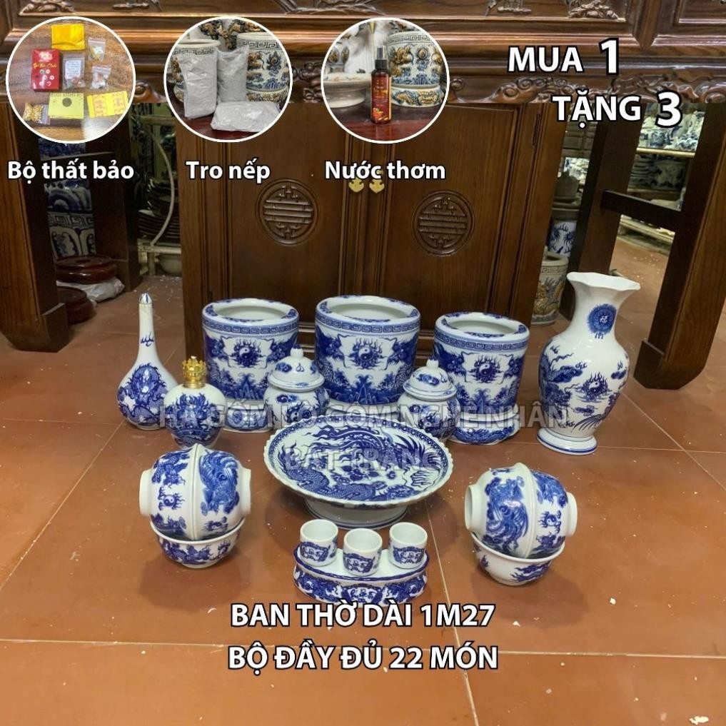 HG338 Đồ Thờ Cúng Bộ 22 món ban thờ 1M27 men lam nghệ nhân Bát Tràng chế tác TẶNG Thất Bảo, Tro Nếp