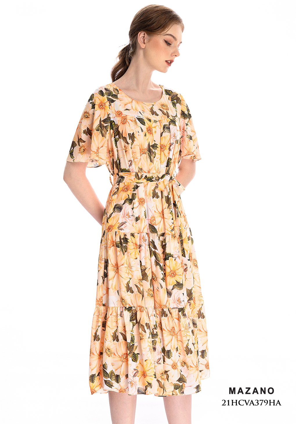 Đầm vàng xếp ly thắt đai họa tiết hoa_thumbnail_3