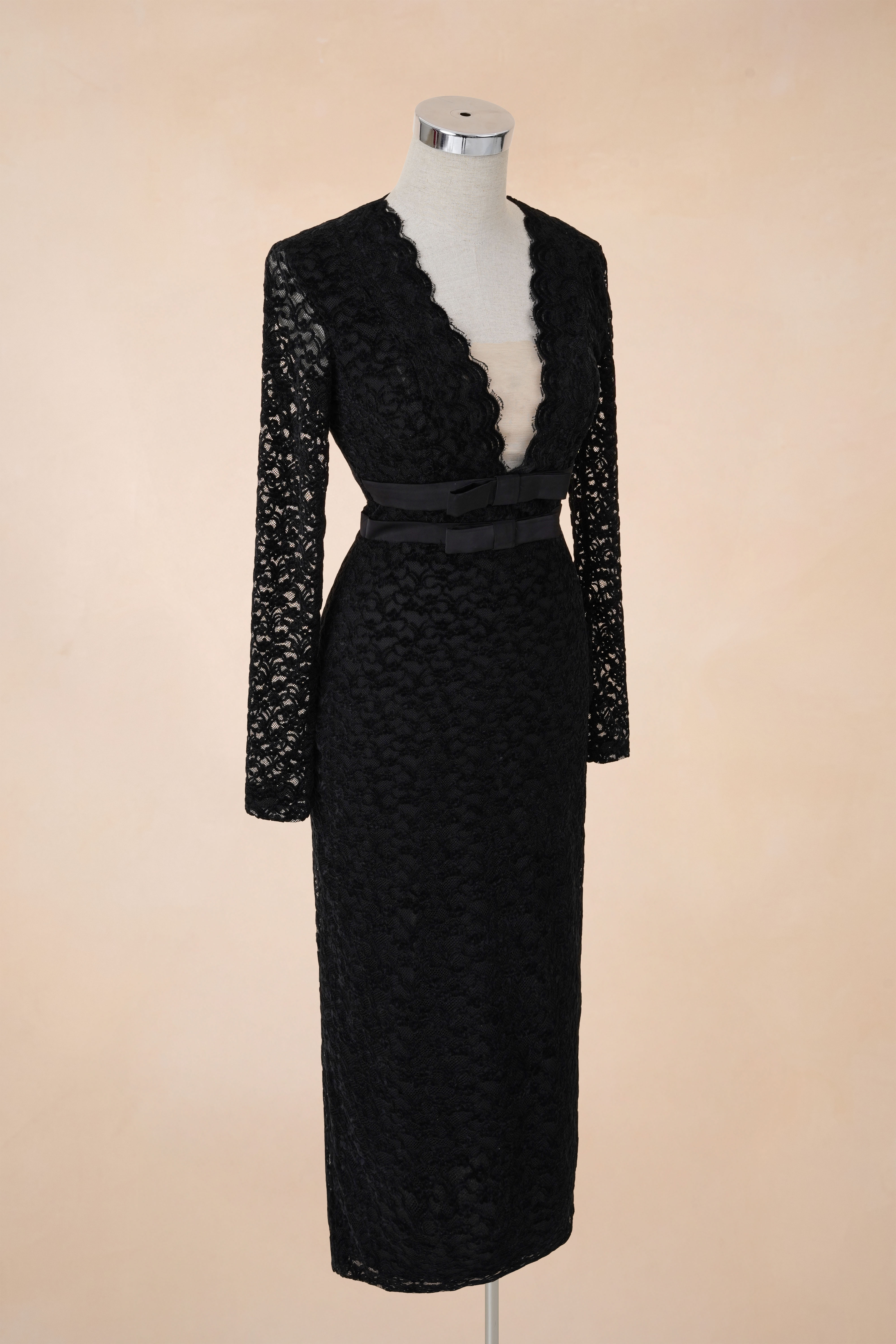 Đầm Bút Chì Cổ V Nơ Eo Lưới Ngực_thumbnail_5