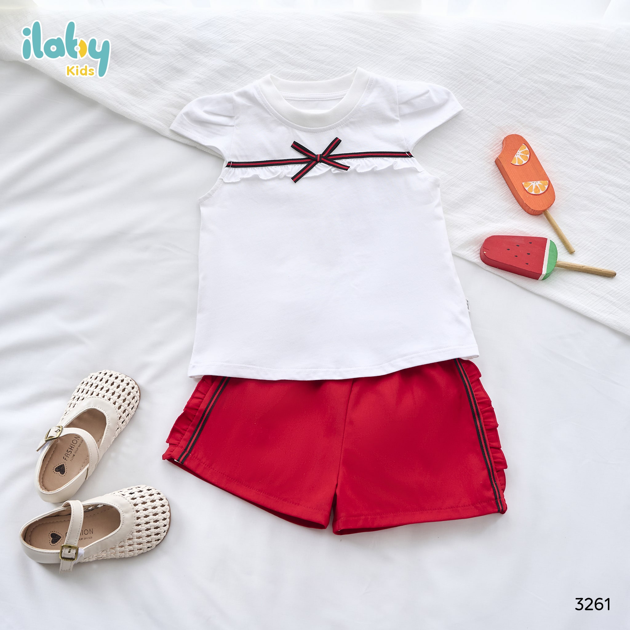 Bộ cotton nhún bèo phối dây màu