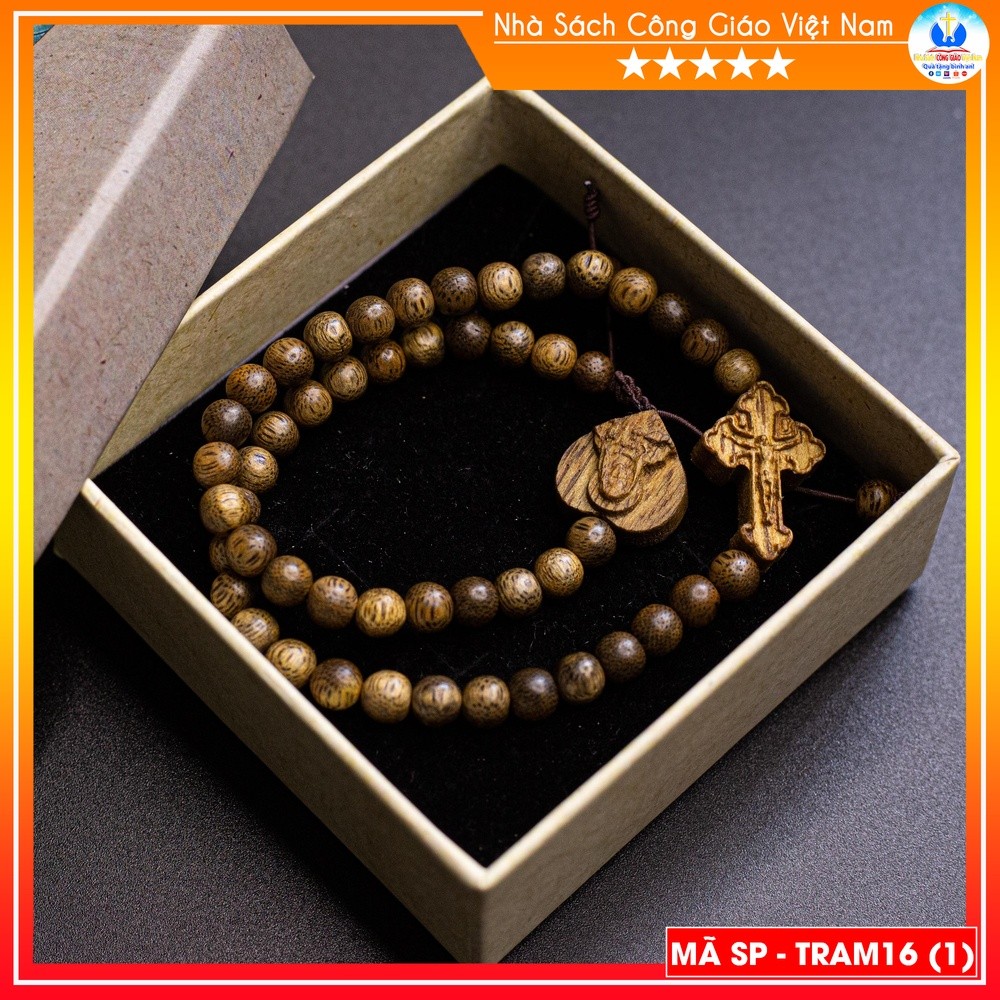 Chuôi trầm tốc Thánh Giá Đức Mẹ 50 hạt trầm hương 6ly TRAM16 - Tràng hạt gỗ trầm sánh chìm - Quà tặng Công Giáo