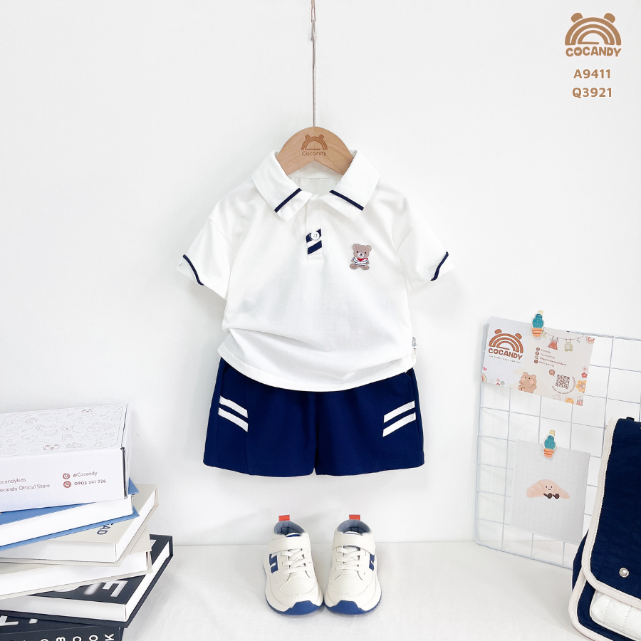 Áo cộc TRẮNG polo viền cổ xanh than thêu gấu_thumbnail_4