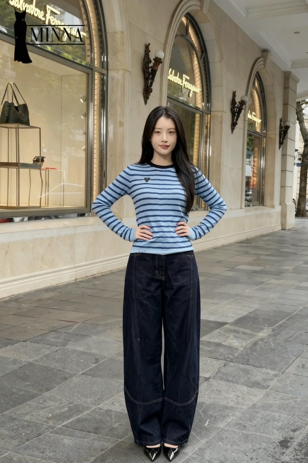Áo len tay dài sọc ngang Blue Stripe Heart Top - MA060