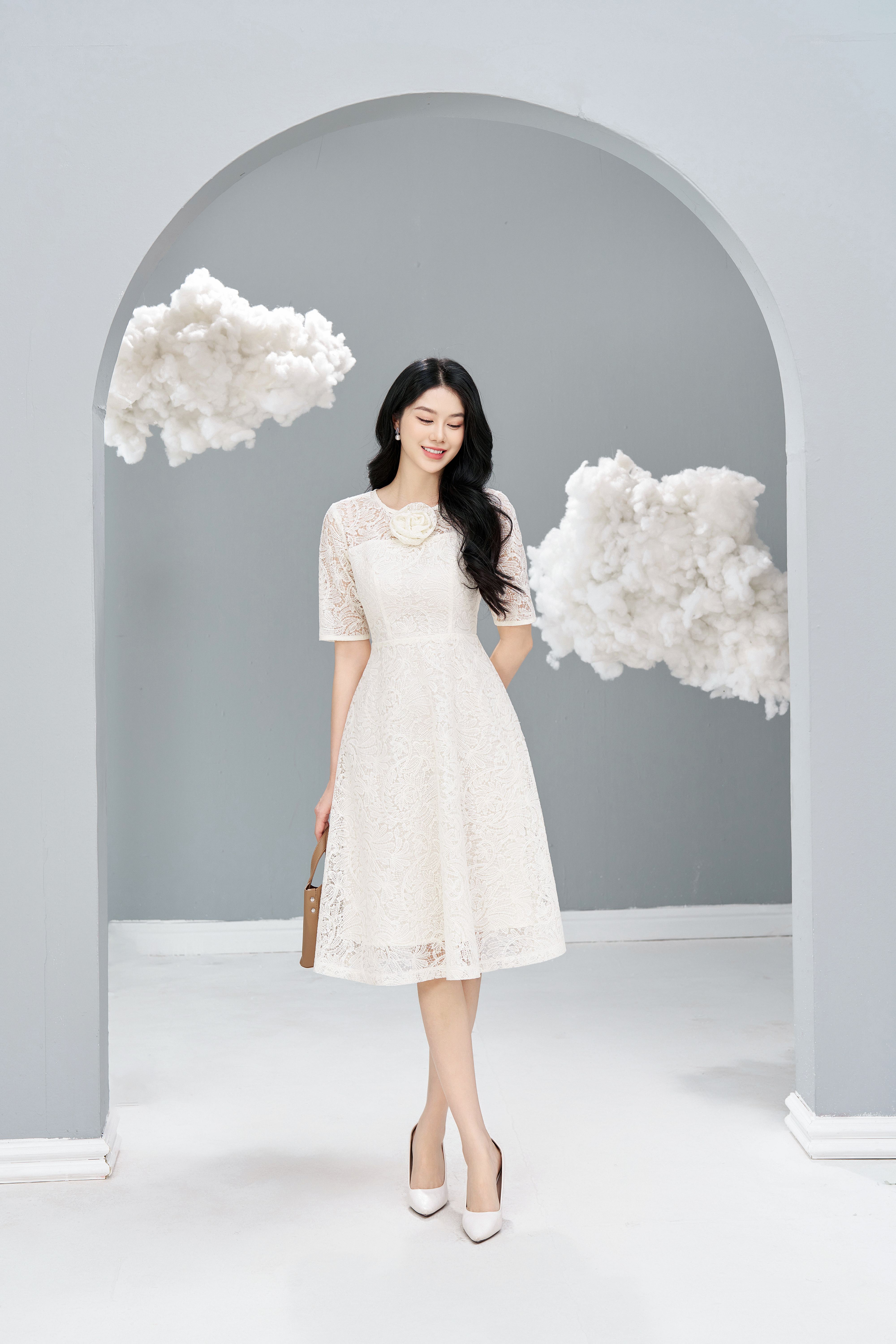 Đầm xòe công sở Thời trang Lavender ren trắng đính hoa cổ D2959_thumbnail_3