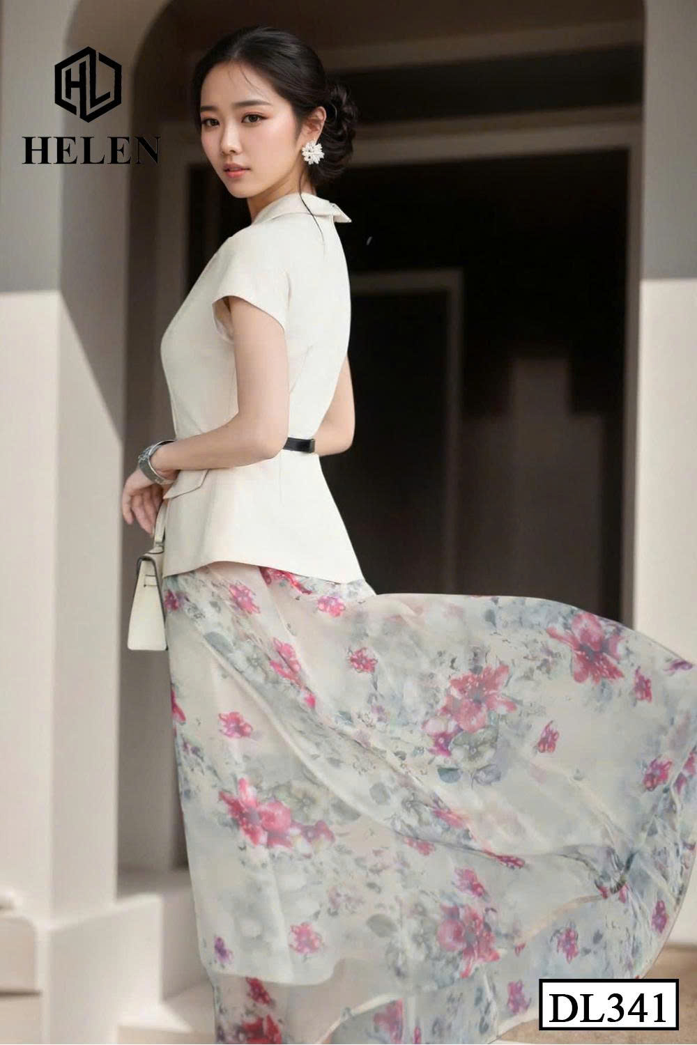 Đầm xòe cổ vest kem phối chân họa DL341