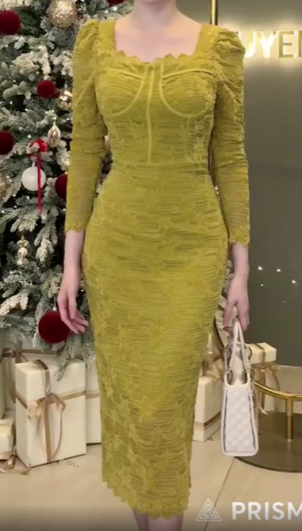 Đầm Bút Chì Ren Hoa Nổi Cổ Vuông