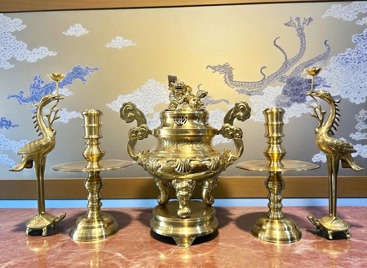 Bộ ngũ sự cao 70cm hoa văn sòi đúc đồng cát tút 