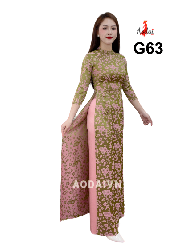 G63 Áo dài Gấm màu xanh lá cổ trụ cao 2cm tay lỡ