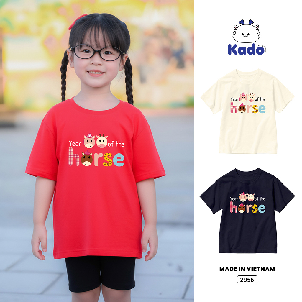 Áo thun bé gái Kado vải cotton thoáng mát mềm mại cổ tròn in chữ phối màu 2956