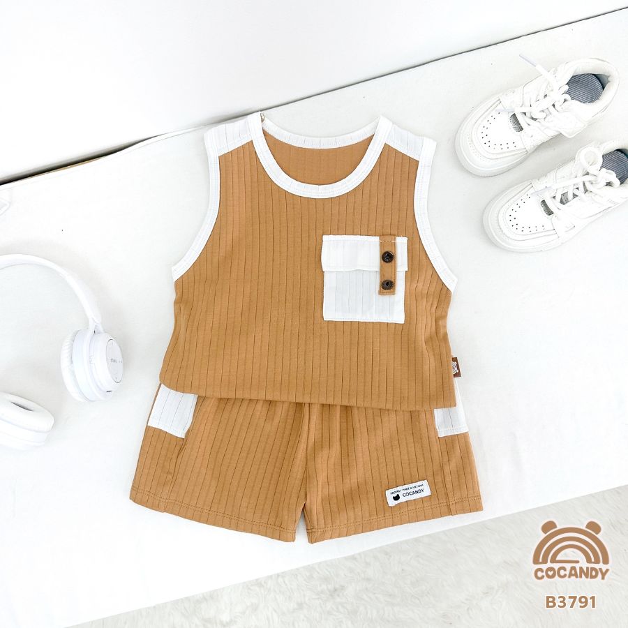 Bộ sát nách NÂU túi ngực TRẮNG dây 2 cúc