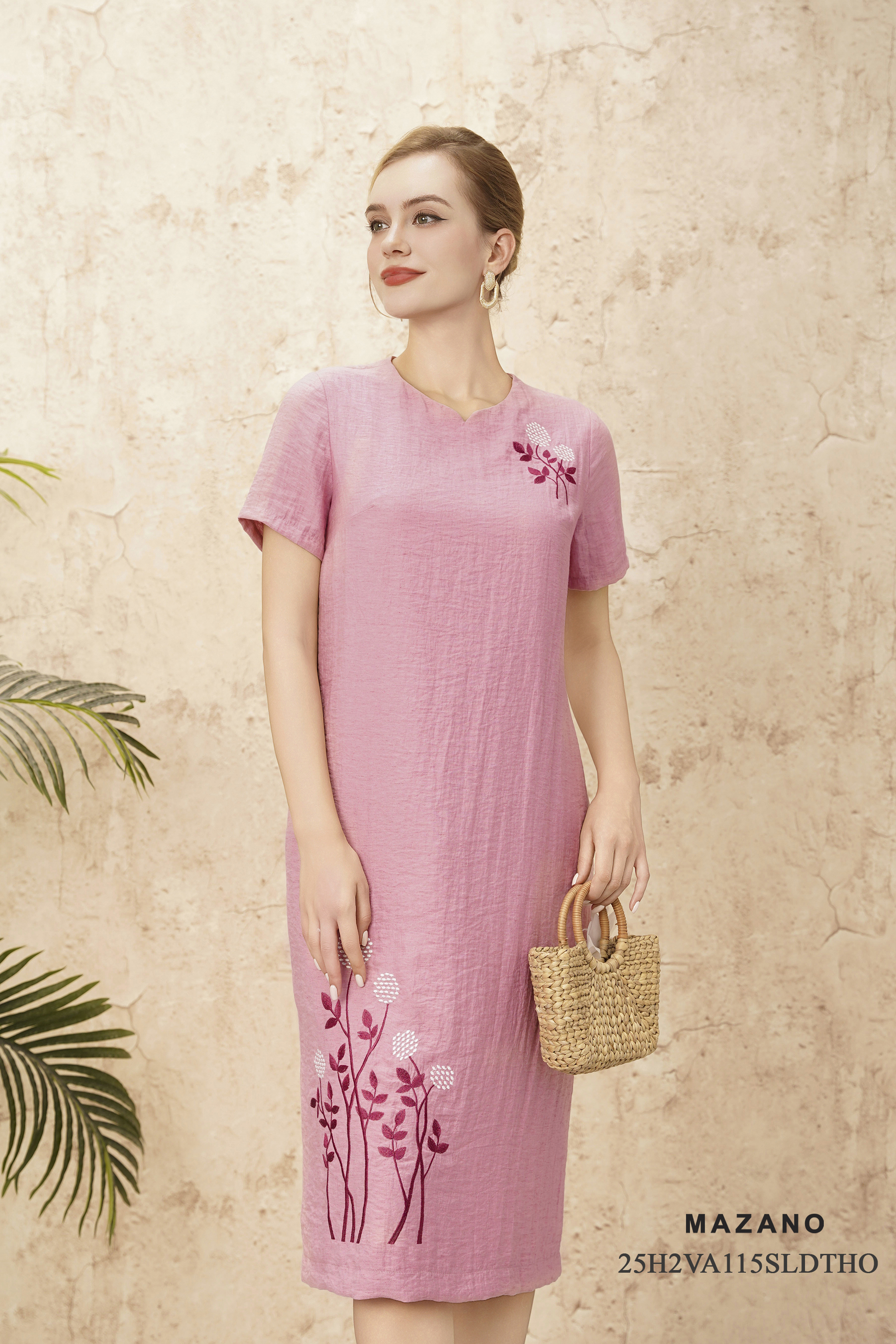 Váy Đầm suông Vải linen lụa Thêu họa tiết thủ công Cổ tròn Tay ngắn Dài trên bắp chân_thumbnail_3