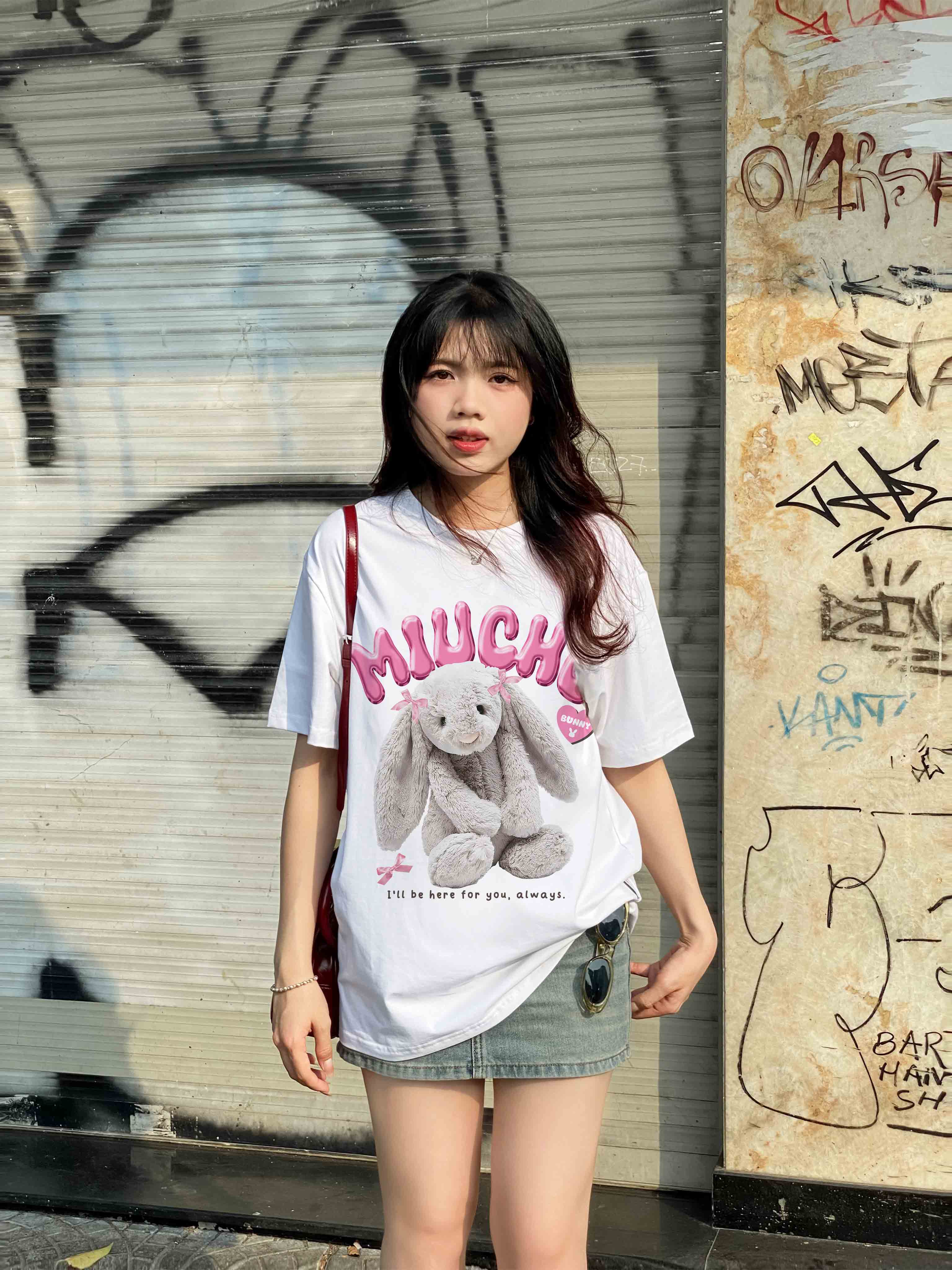 Áo thun thỏ Bunny form rộng local brand ATD1248 Miucho tay ngắn vải cotton co giản cổ tròn in mix_thumbnail_2