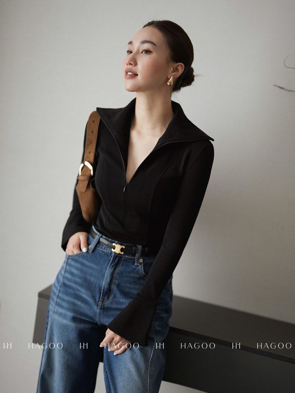 Quần Jeans bổ can sườn dáng suông HAGOO