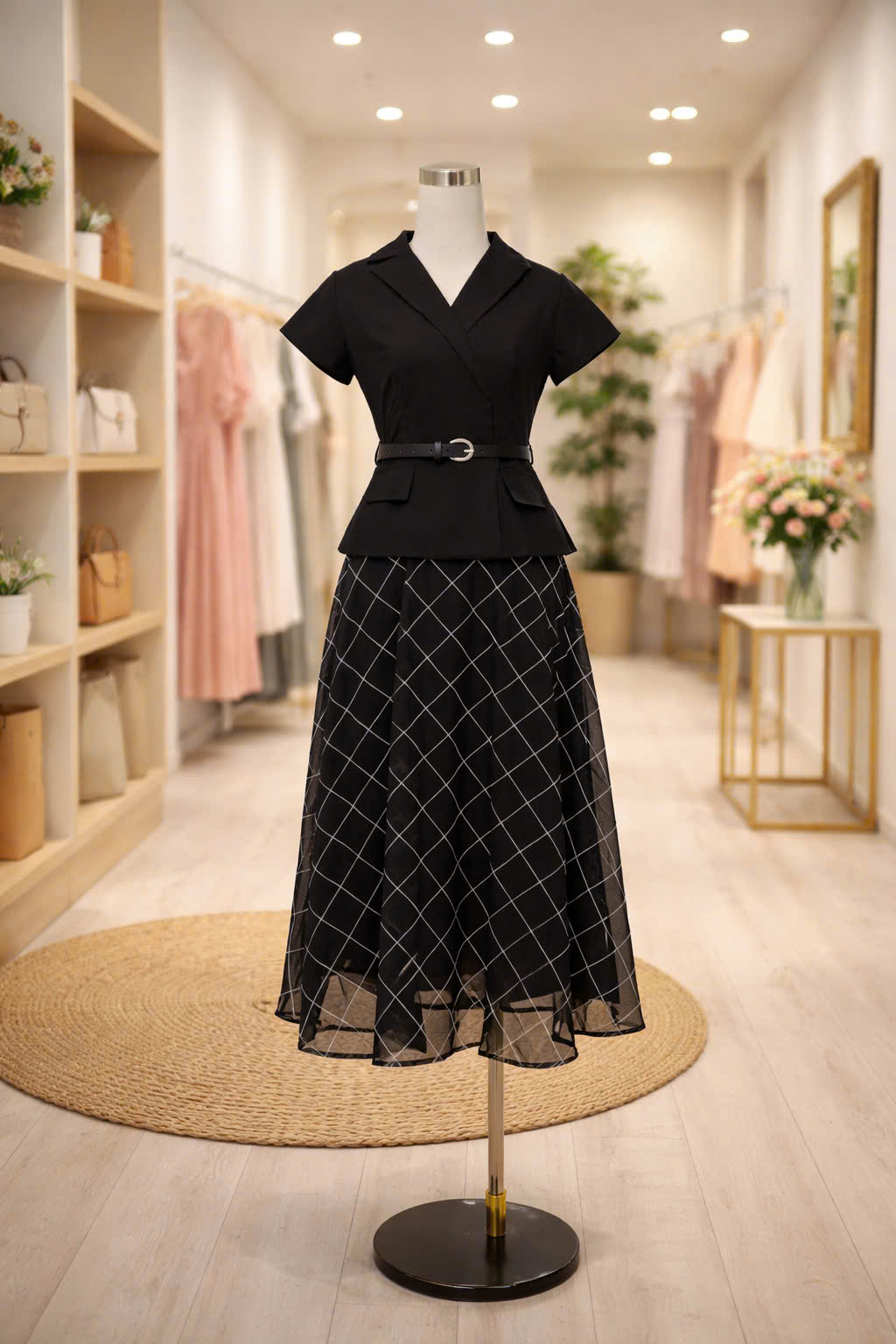 Đầm xòe cổ vest đen phối chân họa tiết + kèm đai DL319_thumbnail_4