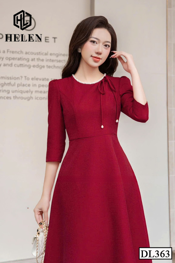 Đầm xòe đỏ cổ nhún nơ DL363