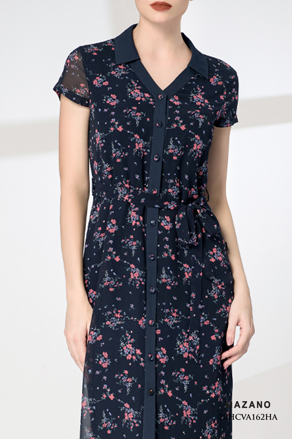 Đầm sơ mi xanh than cổ Y phối nẹp_thumbnail_2