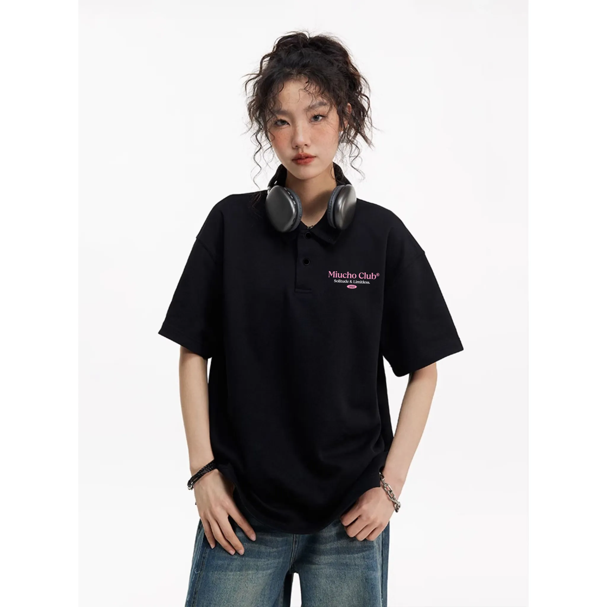 Áo polo nam nữ form rộng 2479 Miucho tay ngắn cổ trụ vải cotton thoáng mát in typography_thumbnail_2