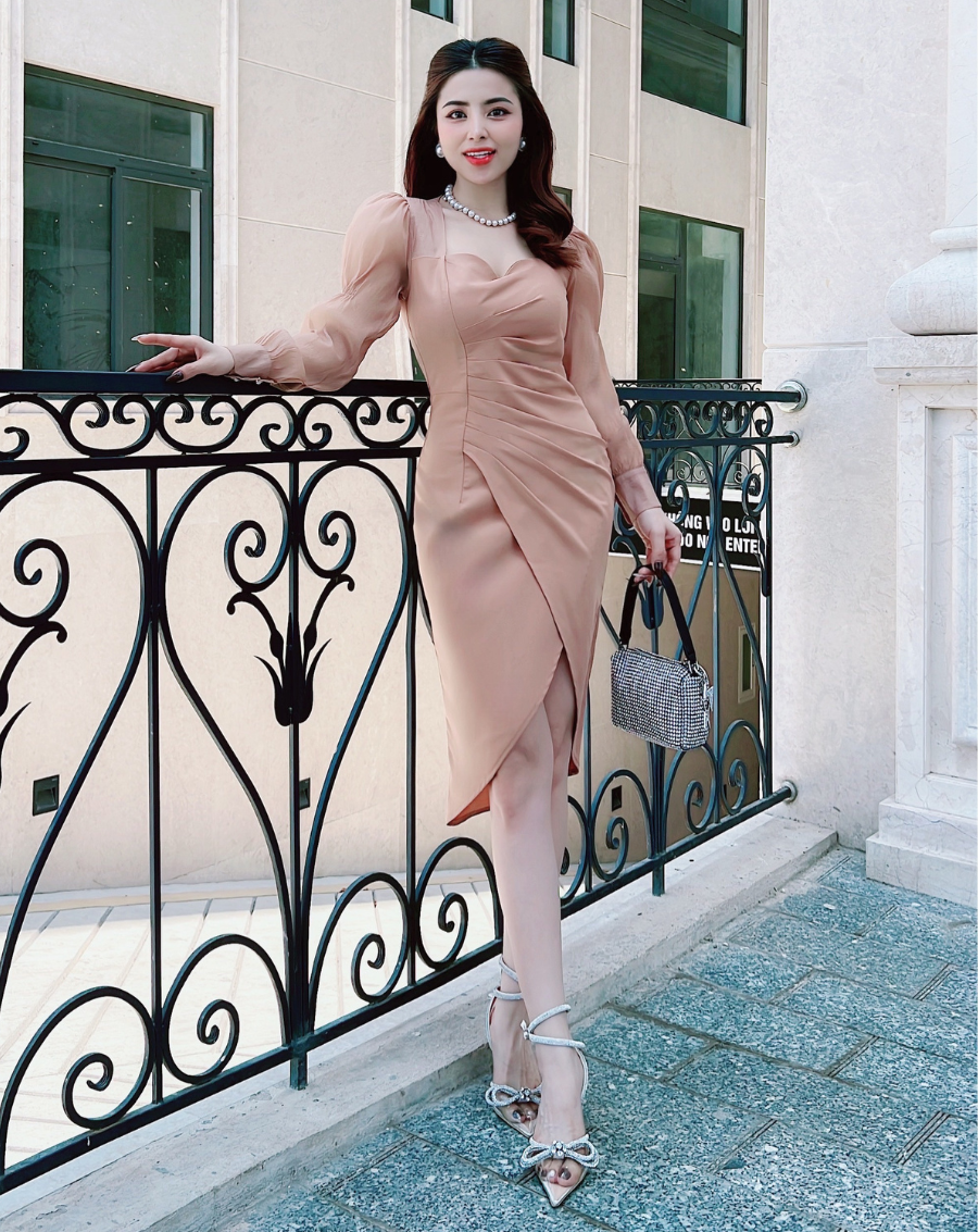 Đầm body xếp ly eo tay phối thanh lịch_thumbnail_2