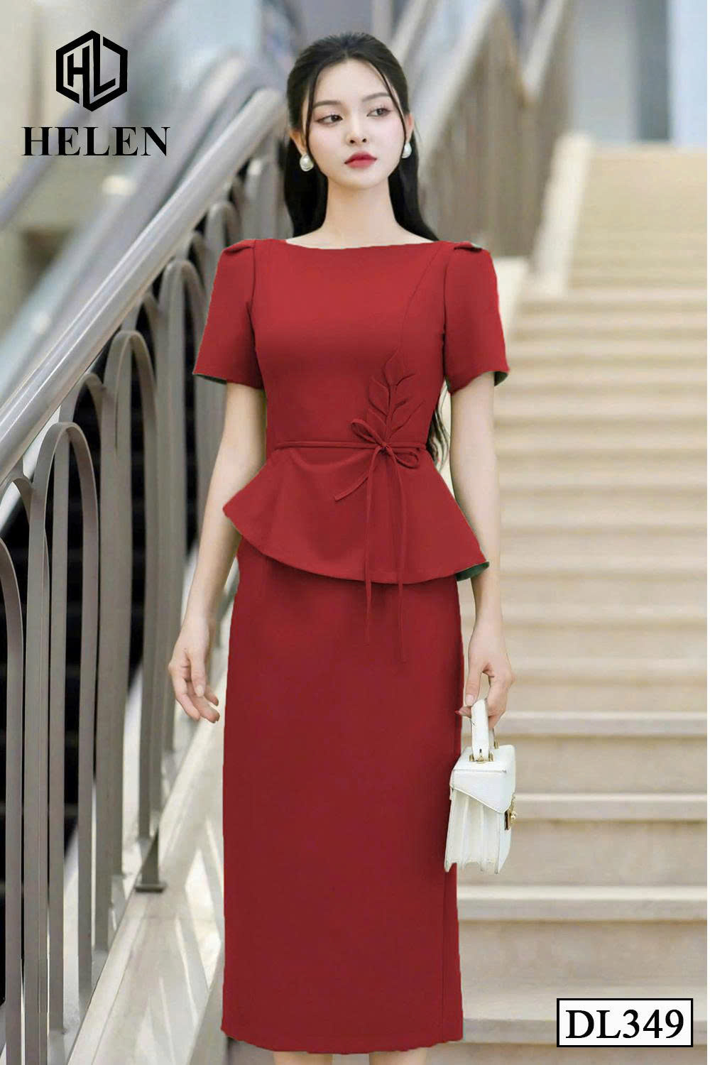 Đầm ôm màu đỏ hoa eo cách điệu DL349