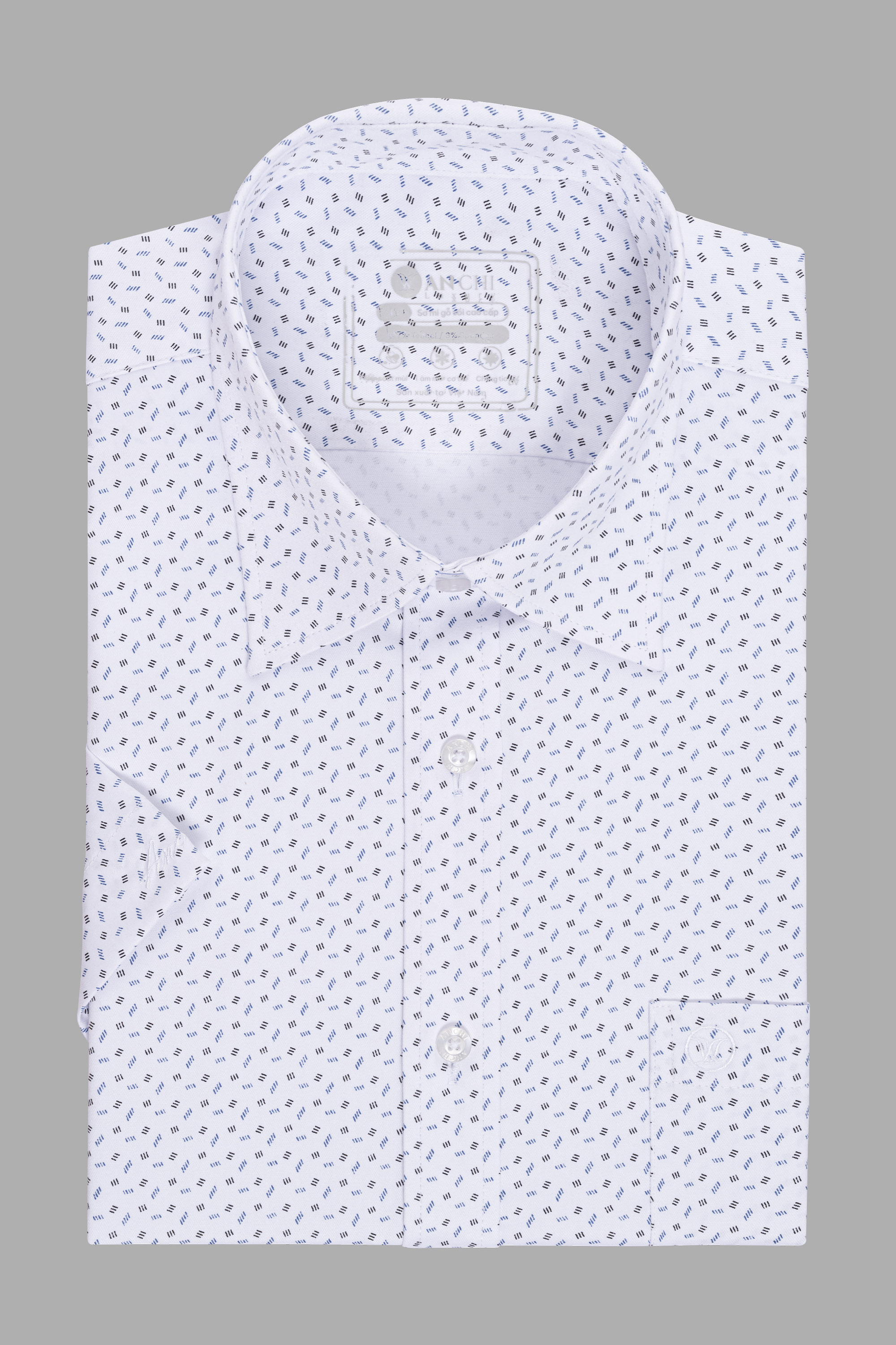 Sơ Mi Cộc Tay Họa Tiết Nam Trung Niên ANCHI Chất Liệu Sợi Sồi Cao Cấp Phom Suông Vạt Ngang Màu Trắng Phẩy