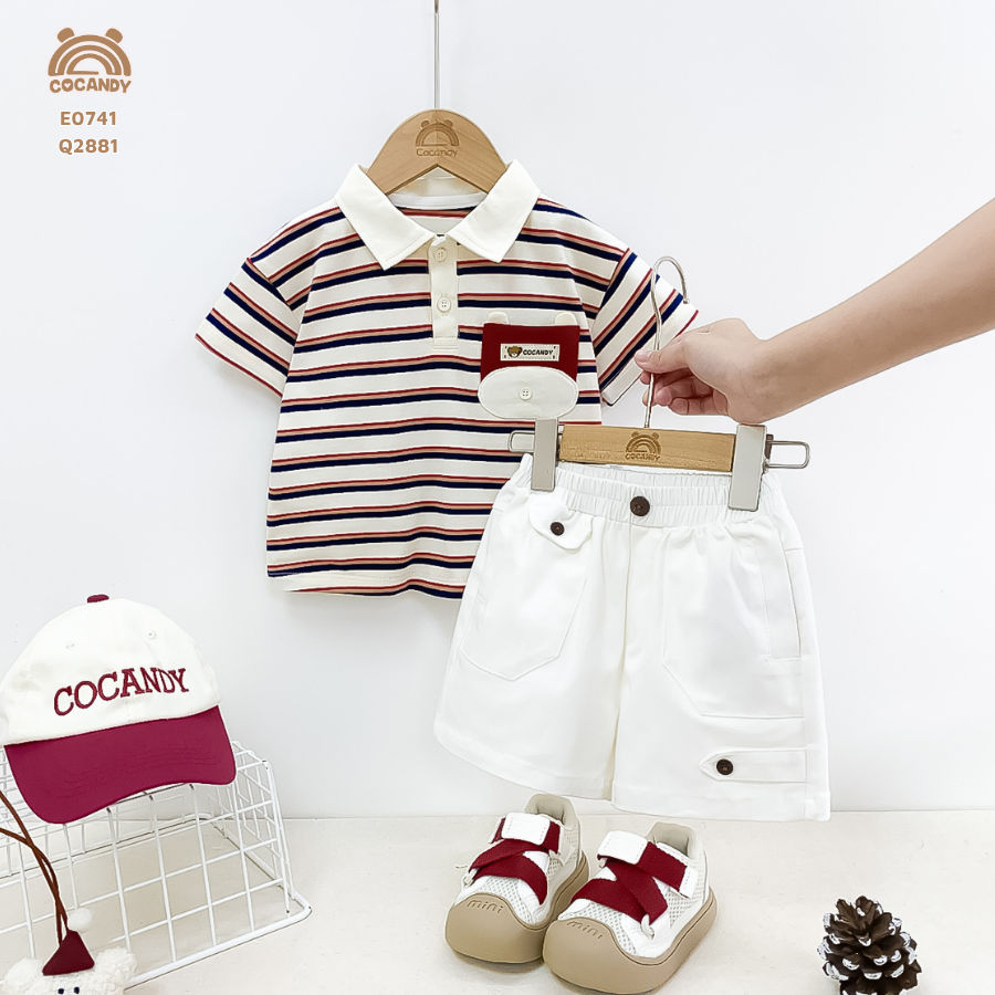 Áo cộc polo  kẻ ĐỎ BE túi gấu_thumbnail_1