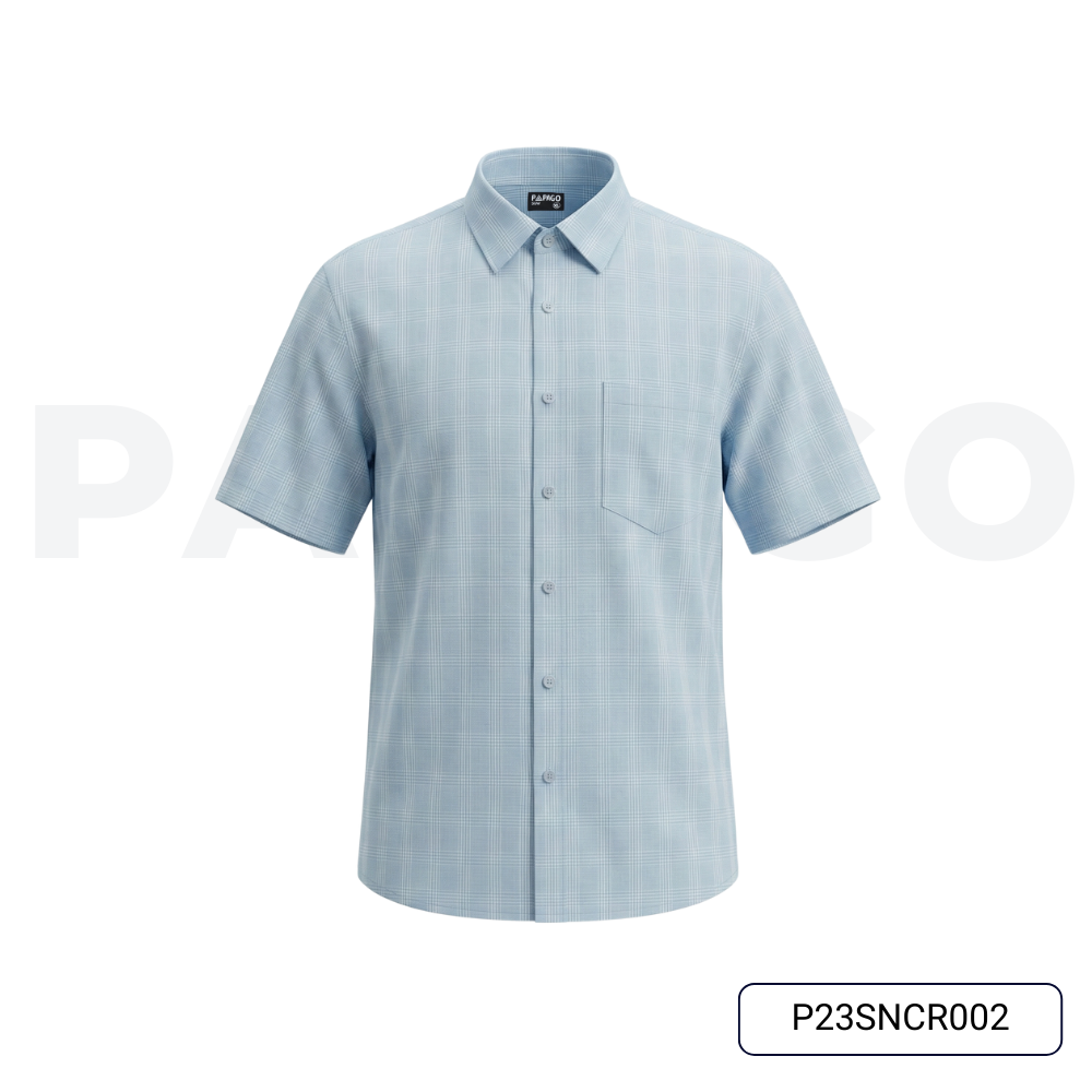 Áo sơ mi nam trung niên PAPAGO tay ngắn lai ngang sọc caro vải xô đũi - P23SNCR002