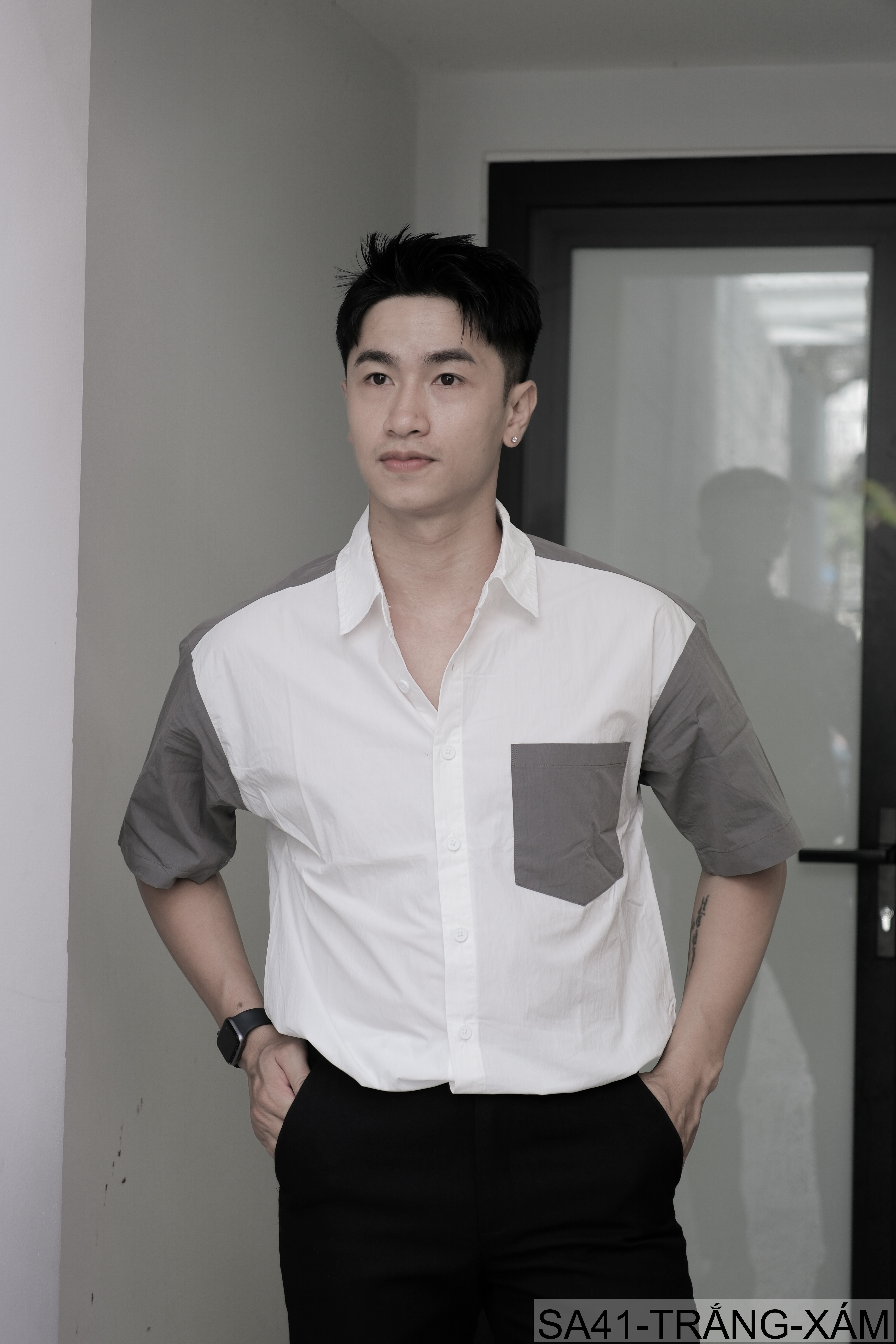 SA41 - Áo sơ mi nam tay ngắn phối màu phong cách Hàn Quốc, chất cotton thoáng mát_thumbnail_3