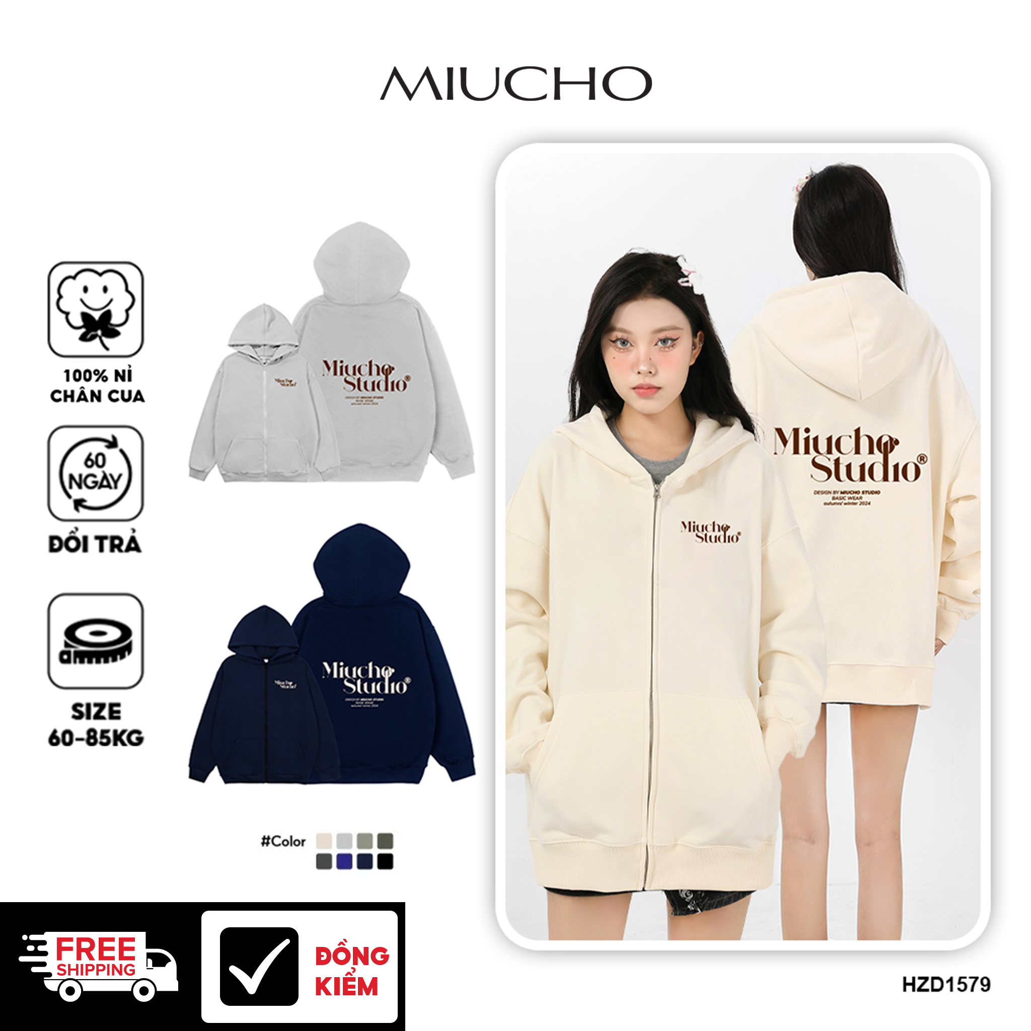 Áo hoodie zip local brand HZD1579 Miucho vải nỉ chân cua dày dặn mủ rộng in typography