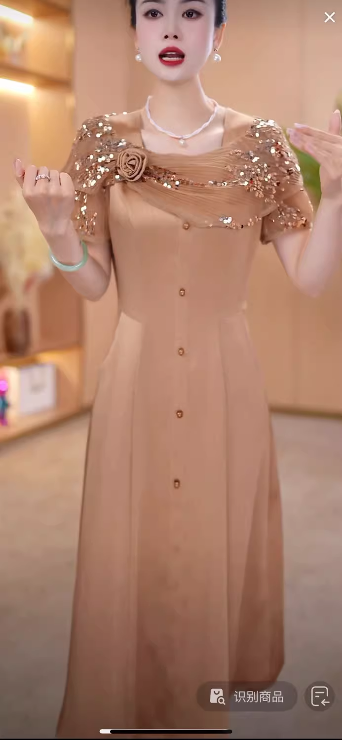 17041-Đầm A đi tiệc vai phối voan kim sa vàng nâu ( lụa, voan)_thumbnail_0