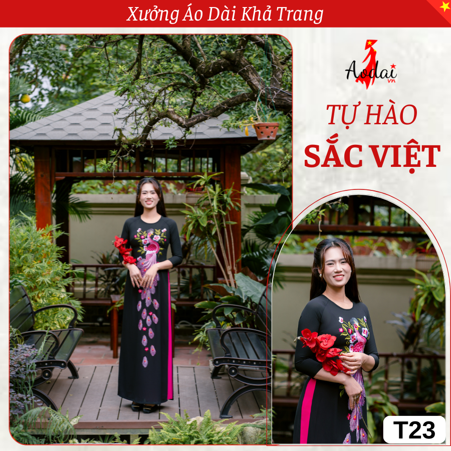Bộ Áo Dài Thêu T23 Màu Đen Thêu Công Hồng Cổ Tròn Tay Lỡ