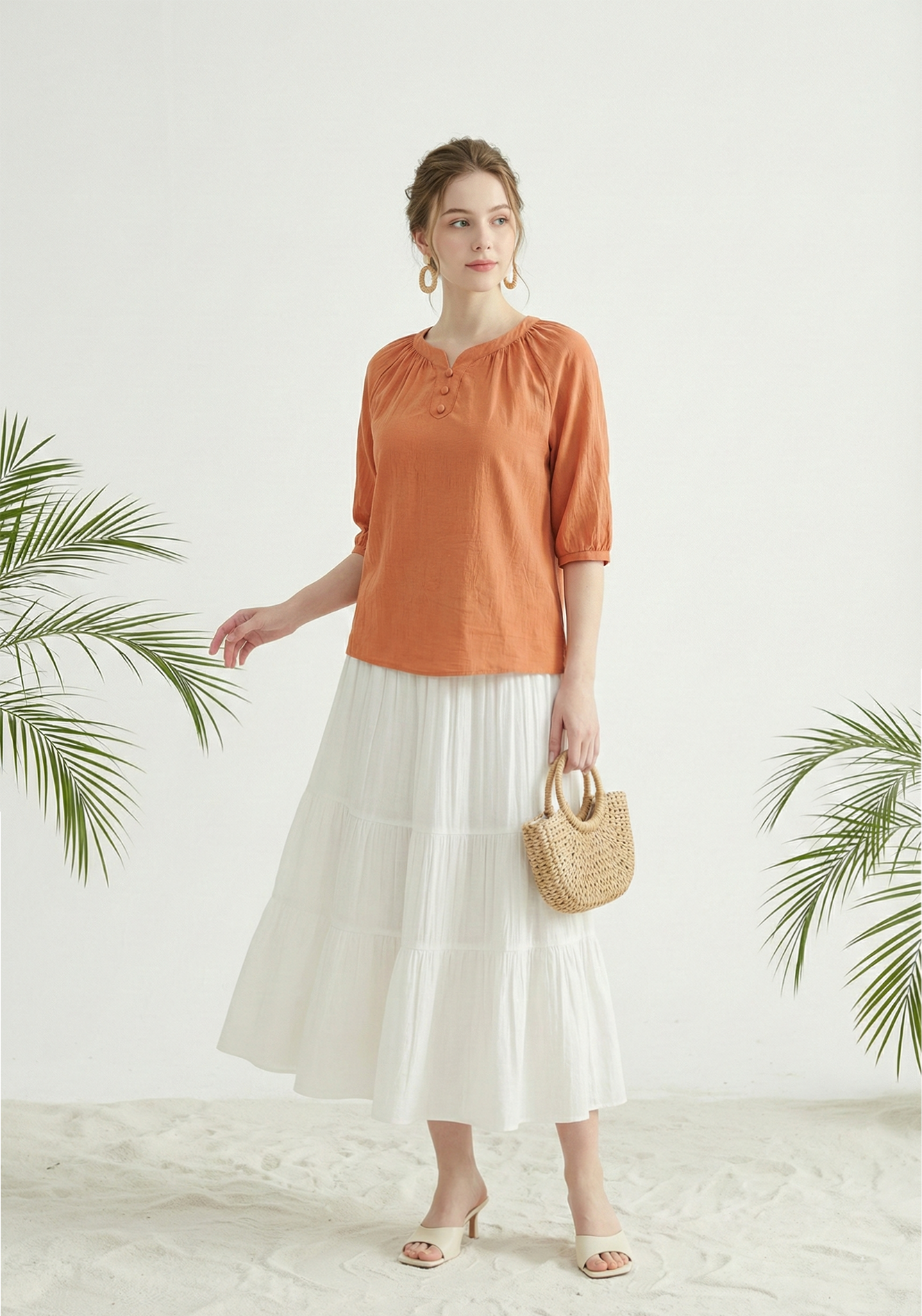 Chân váy trắng vải pha linen nhún xòe 3 tầng cạp chun thiết kế MAZANO 1HA1SCV017TR