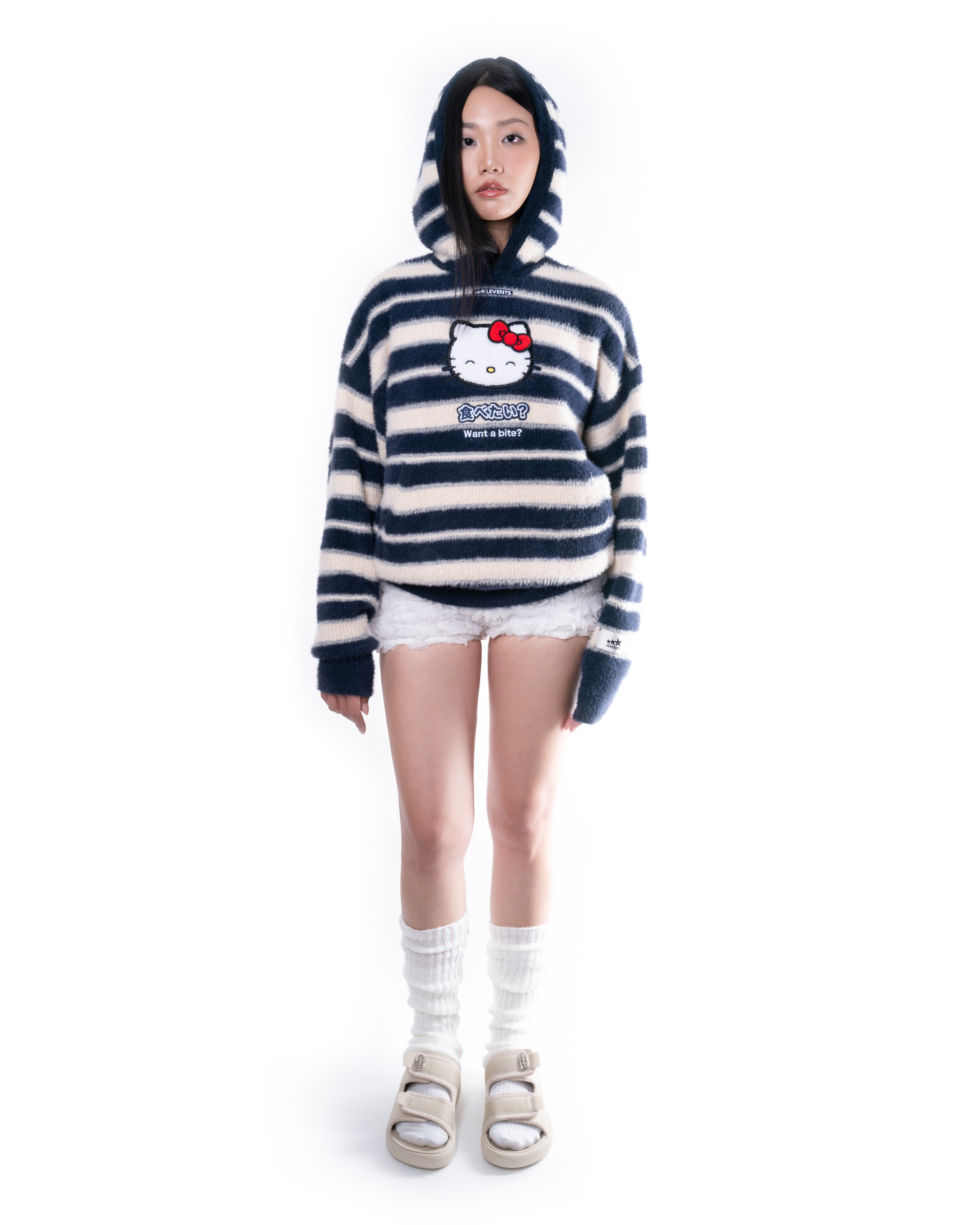 Levents® x Hello Kitty | Striped Fur Knit Boxy Hoodie