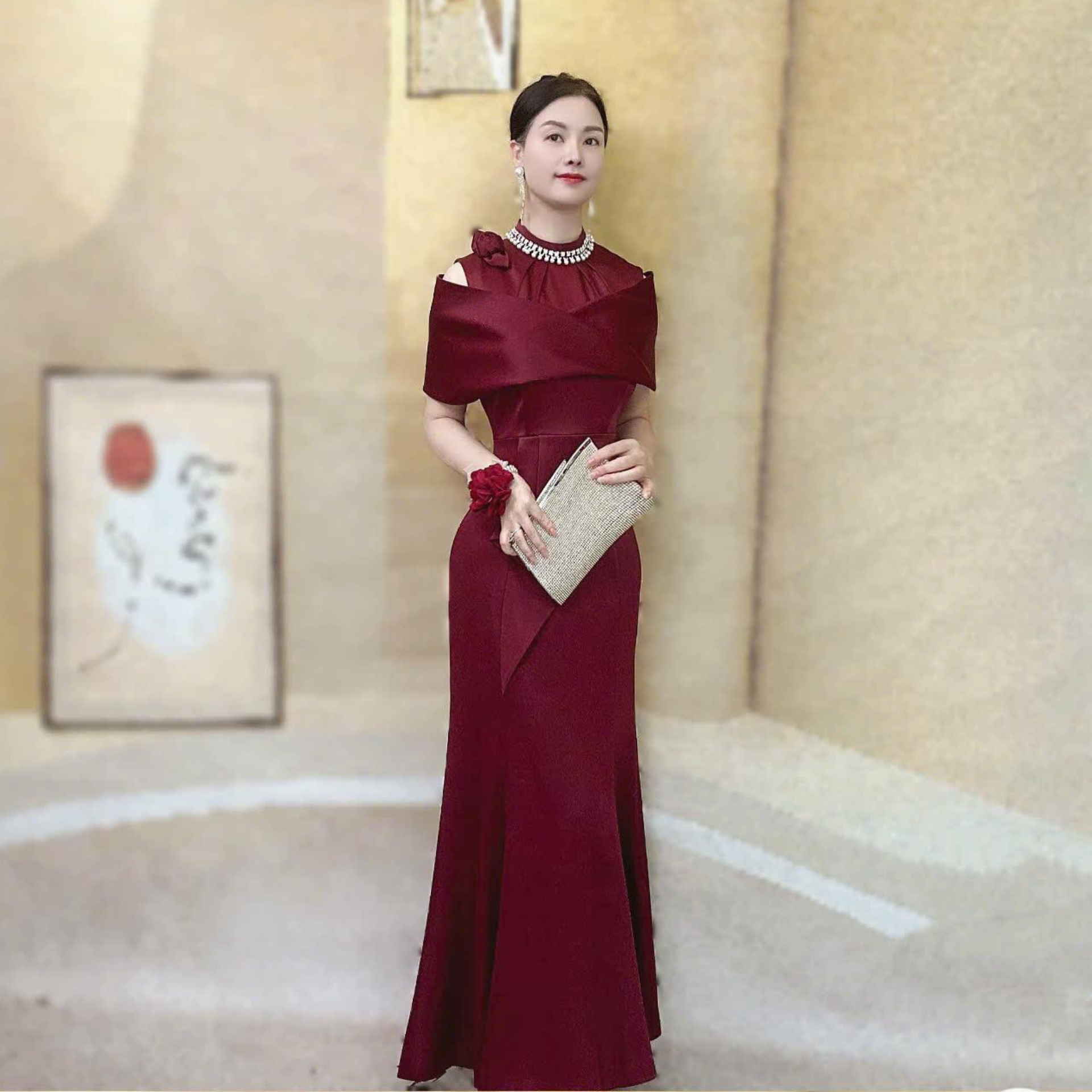 Đầm dự tiệc dạ hội xếp bèo cổ lọ phối tay cao cấp