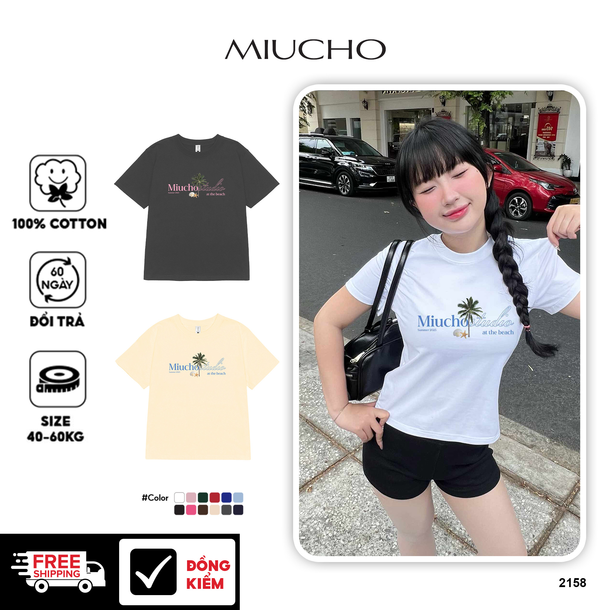 Áo baby tee ôm body hè biển 2158 Miucho cổ tròn vải cotton 4c thoáng mát in mix